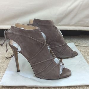 M. Gemi Taupe Suede Lace Up Peep Toe Pumps 36.5